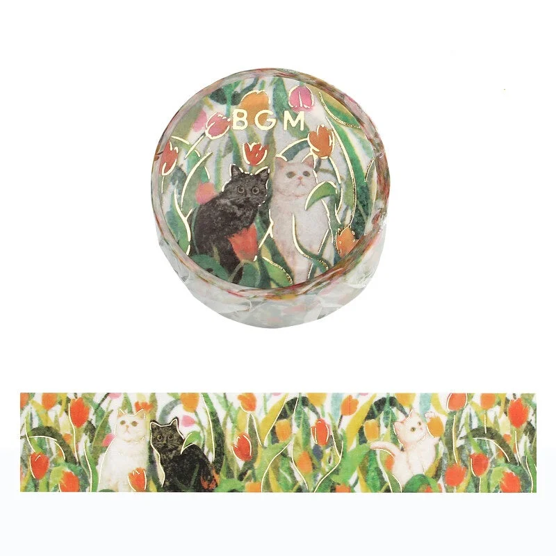 Cute Kawaii BGM Washi / Masking Deco Tape - Cat Kitten Feline Flower Garden A - for Scrapbooking Journal Planner Craft