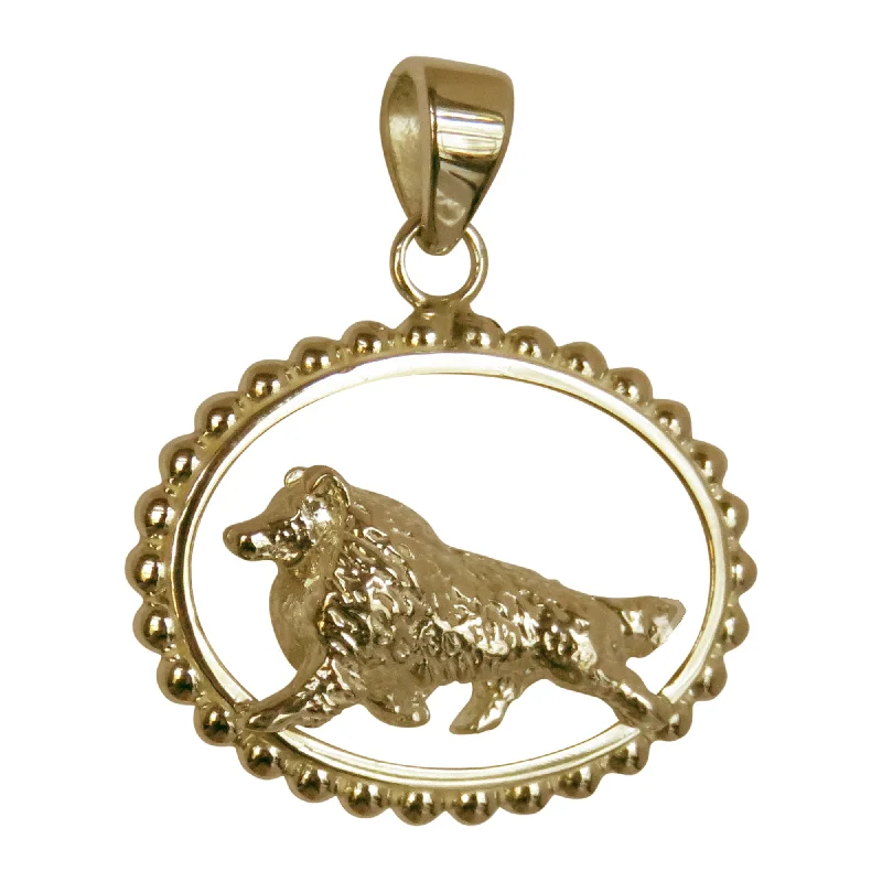 Shetland Sheepdog in 14K Gold Beaded Oval Pendant