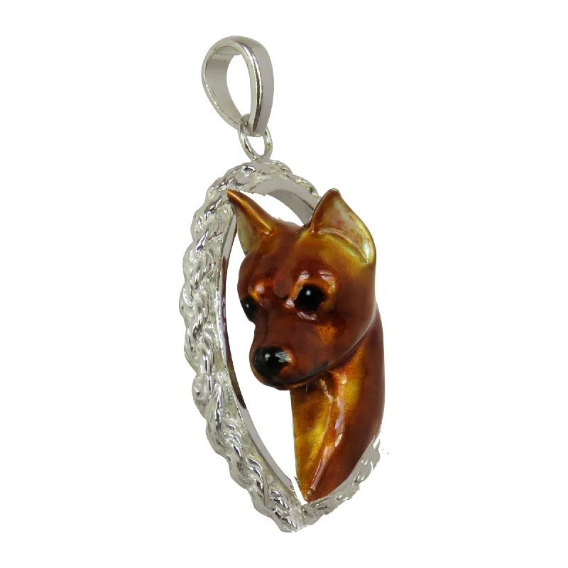 Miniature Pinscher Custom Enamel in Sterling Silver Oval Rope Pendant