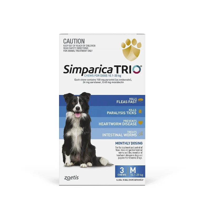 Simparica Trio Flea Tick and Worming Chews for Medium Dogs Blue 3 Pack