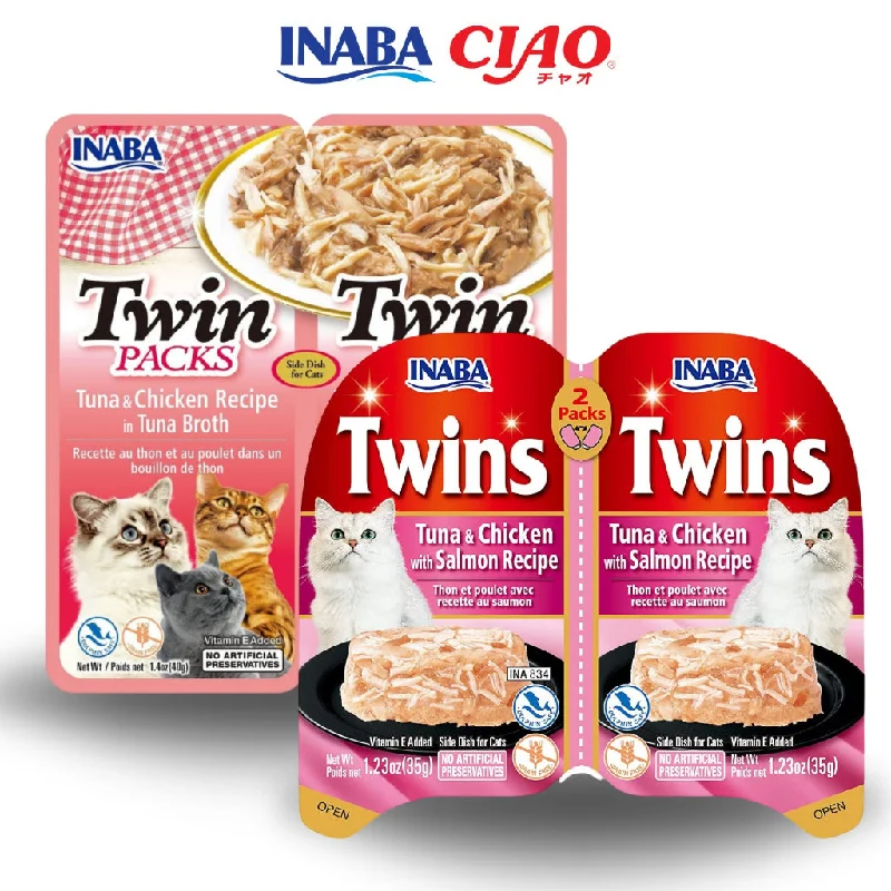 INABA Twins Pack for Cats, Grain-Free Shredded Chicken/Tuna & Broth Cat Food Treats