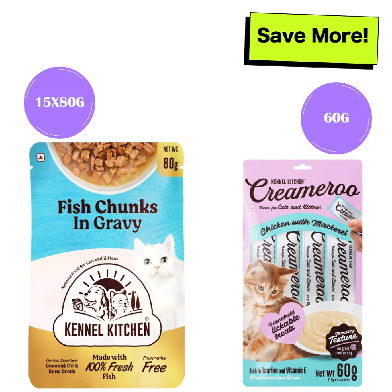 Kennel Kitchen Fish Chunks in Gravy Kitten and Creameroo Chicken with Mackerel Creamy Cat Treats Combo