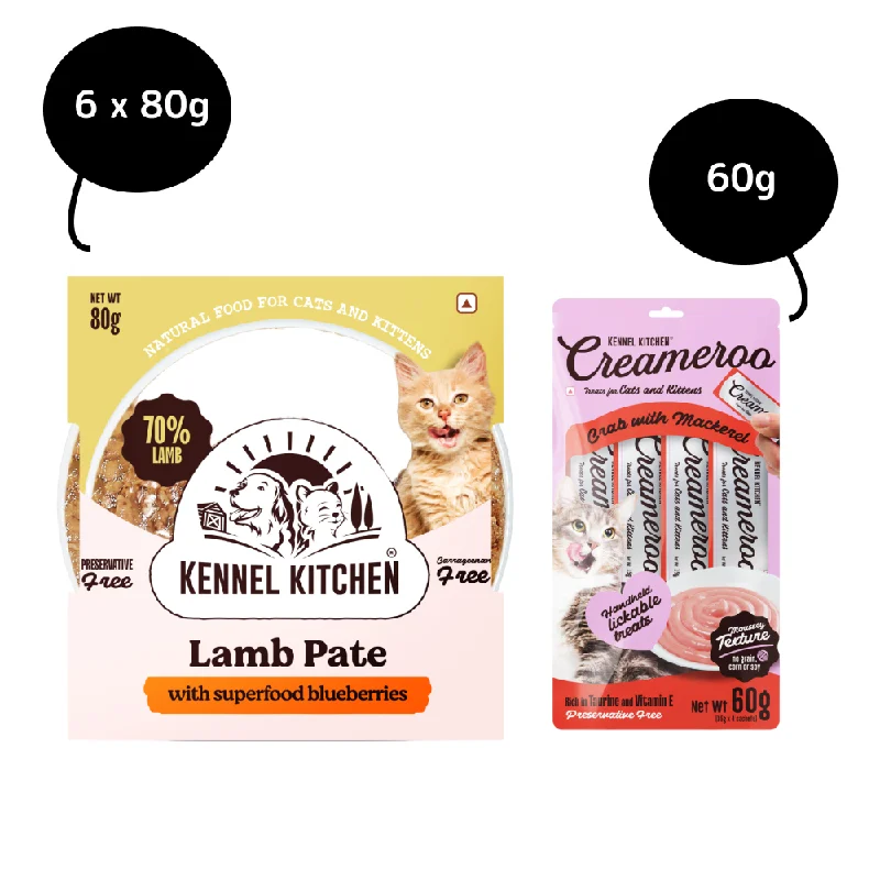 Kennel Kitchen Lamb Pate with Superfood Blueberries Wet Food and Creameroo Crab with Mackerel Creamy Cat Treat for Cat Combo