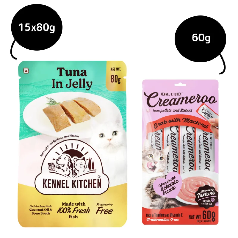 Kennel Kitchen Tuna in Jelly Kitten & Adult Cat Wet Food (All Life Stage) and Creameroo Crab with Mackerel Creamy Cat Treats Combo